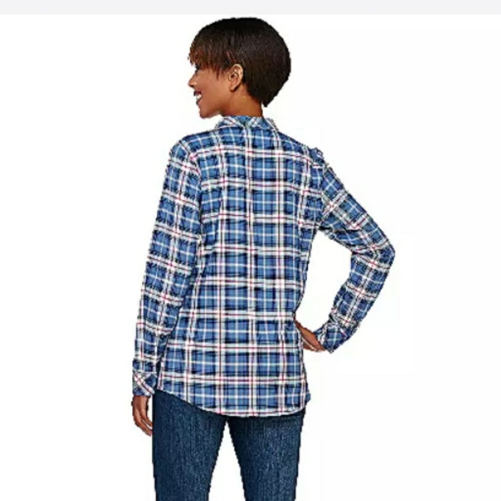 Denim & Co. Colarless blue plaid shirt size M